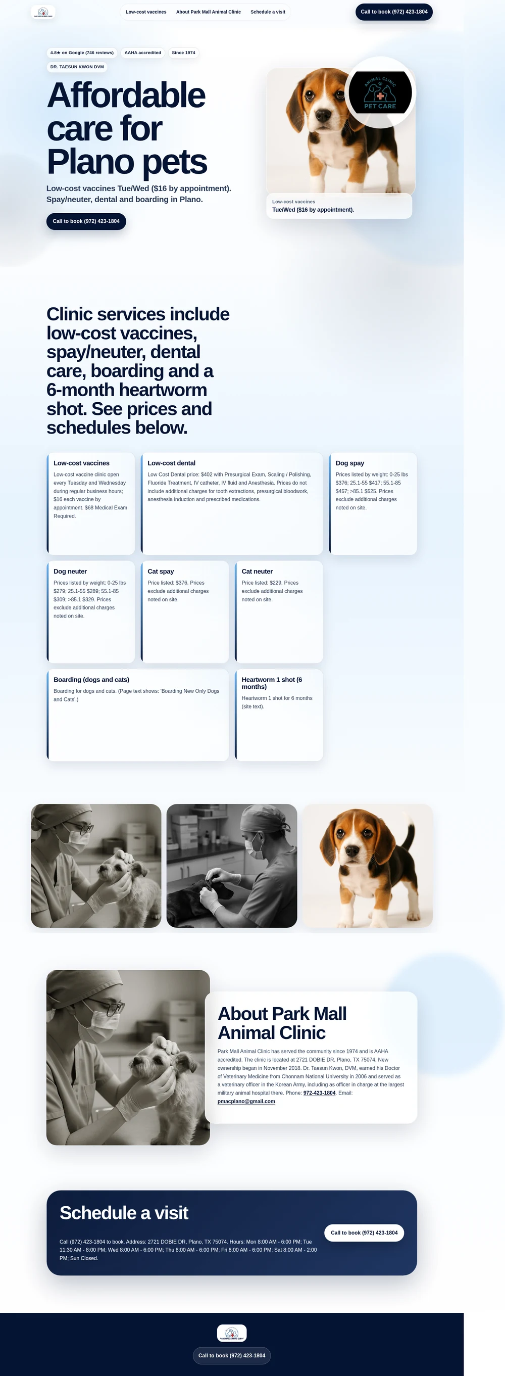 Full-page screenshot of the rebuilt Park Mall Animal Clinic homepage: a calm blue veterinary layout with a puppy hero, frosted service panels, treatment photography and a navy appointment call to action.