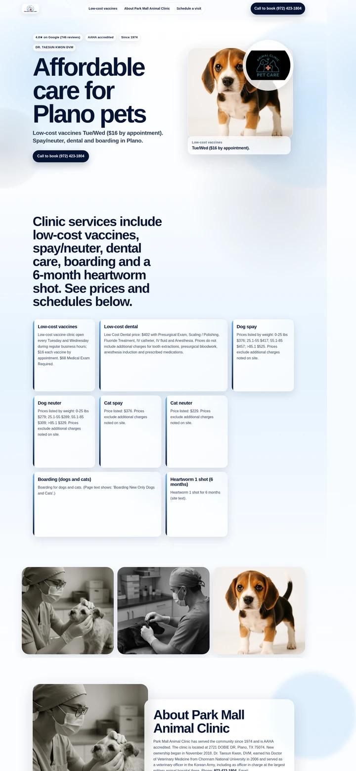 A portrait preview of the Park Mall Animal Clinic rebuild: a calm blue layout with a puppy hero and navy service headline.