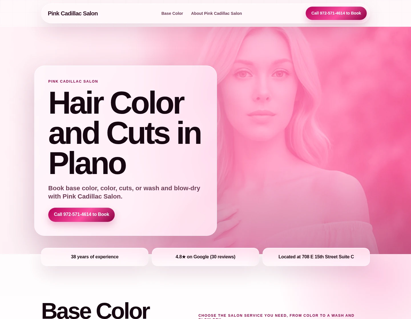 The top of a rebuilt homepage for Pink Cadillac Salon: a vivid pink portrait hero with a frosted booking panel and bold black headline.