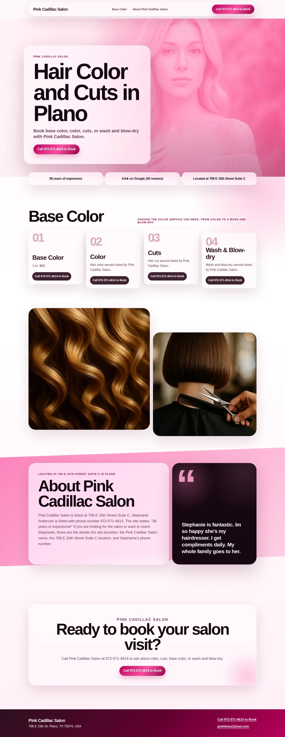 Full-page screenshot of the rebuilt Pink Cadillac Salon homepage: a saturated pink editorial layout with a portrait hero, glassy service cards, salon photography and prominent booking calls to action.