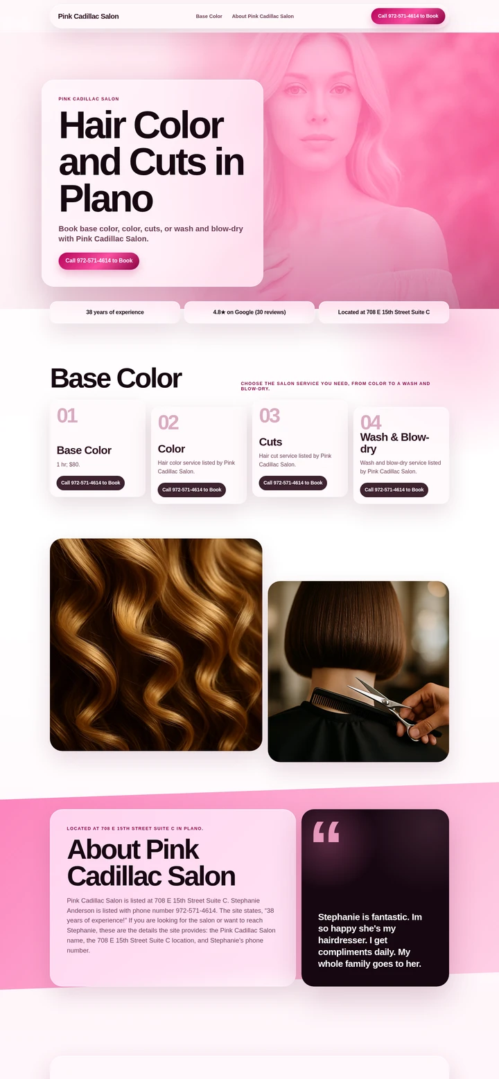 A portrait preview of the Pink Cadillac Salon homepage rebuild.